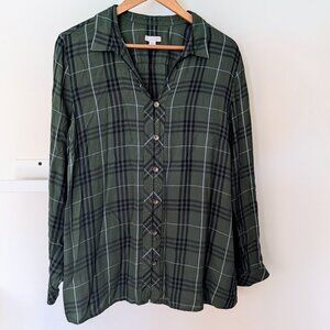 J. Jill Plaid Button Up Top Lightweight Rayon Flannel Green Black Womens XL